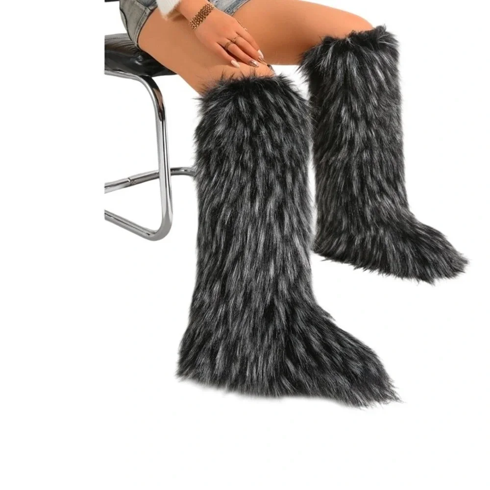 Faux Fur Shaggy Salt Pepper Grey Festival Knee High Yeti Mukluk Boots Size 8 NEW
